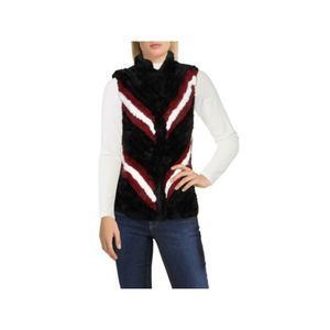 STELLA & LORENZO Womens Black Faux Fur Striped Vest Jacket Size: M